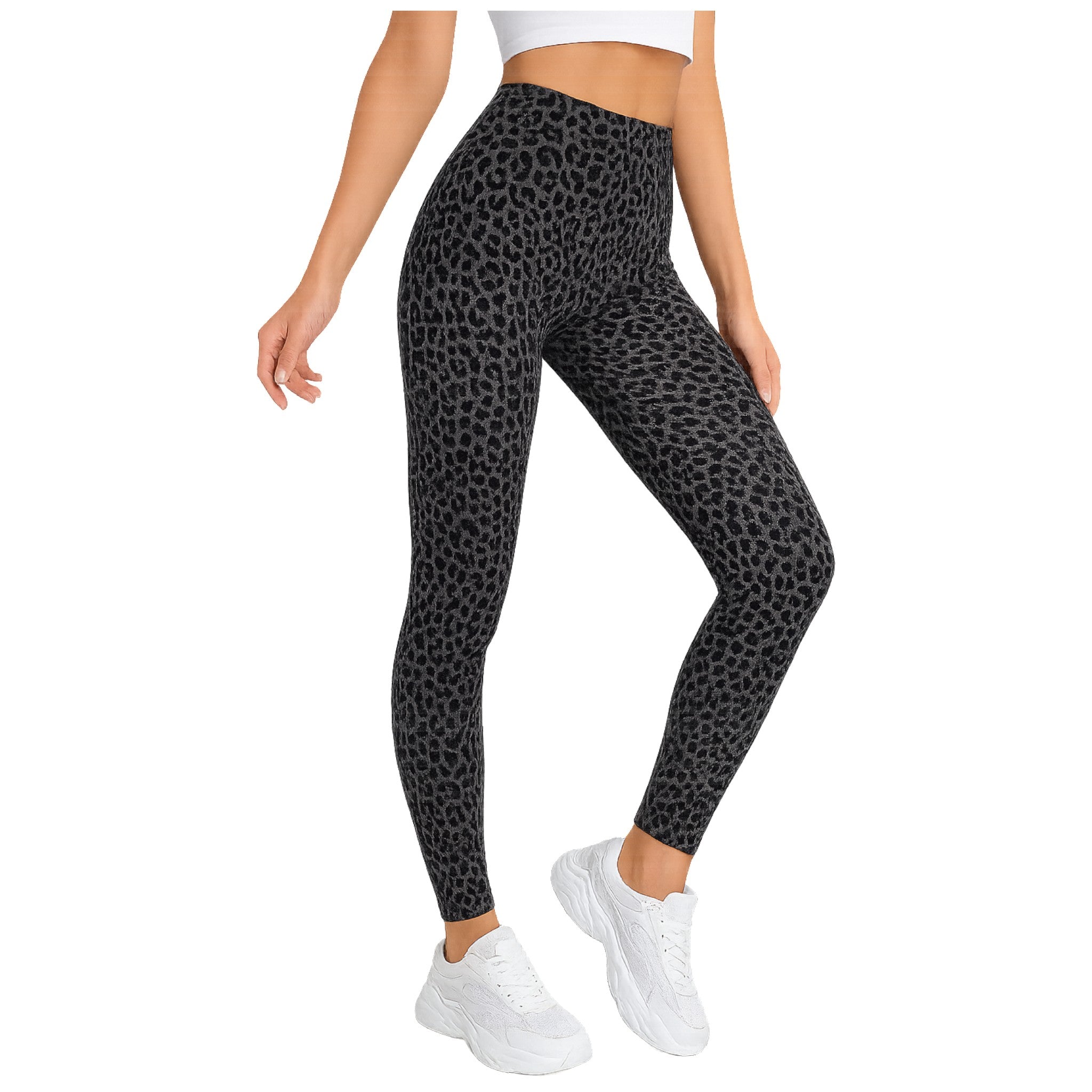 Women's grey leopard print leggings – stretchy full-length jeggings for casual everyday wear.